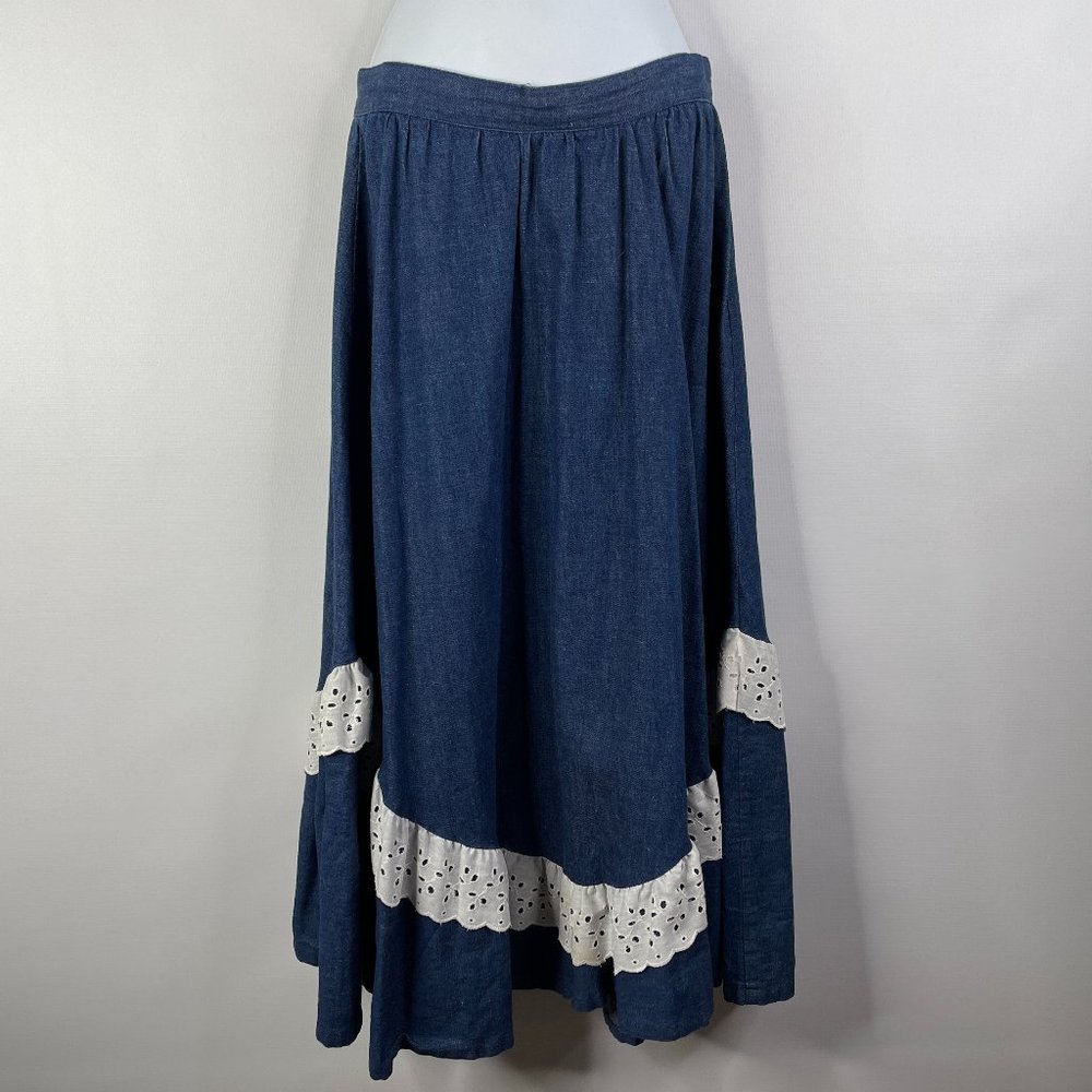 Vintage 80s Chequers Blue Denim White Eyelet Lace Midi Prairie Skirt